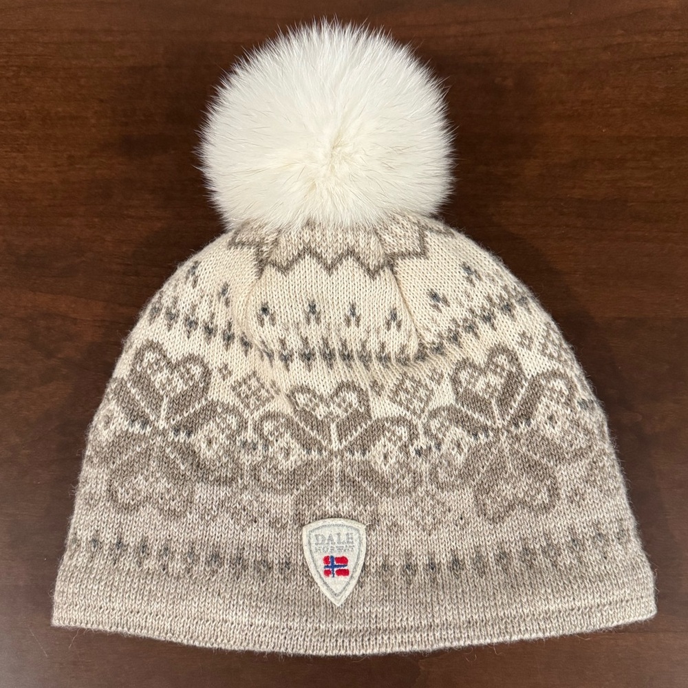 Dale of Norway wool hat beanie with detachable fur pom pom, tan & cream
